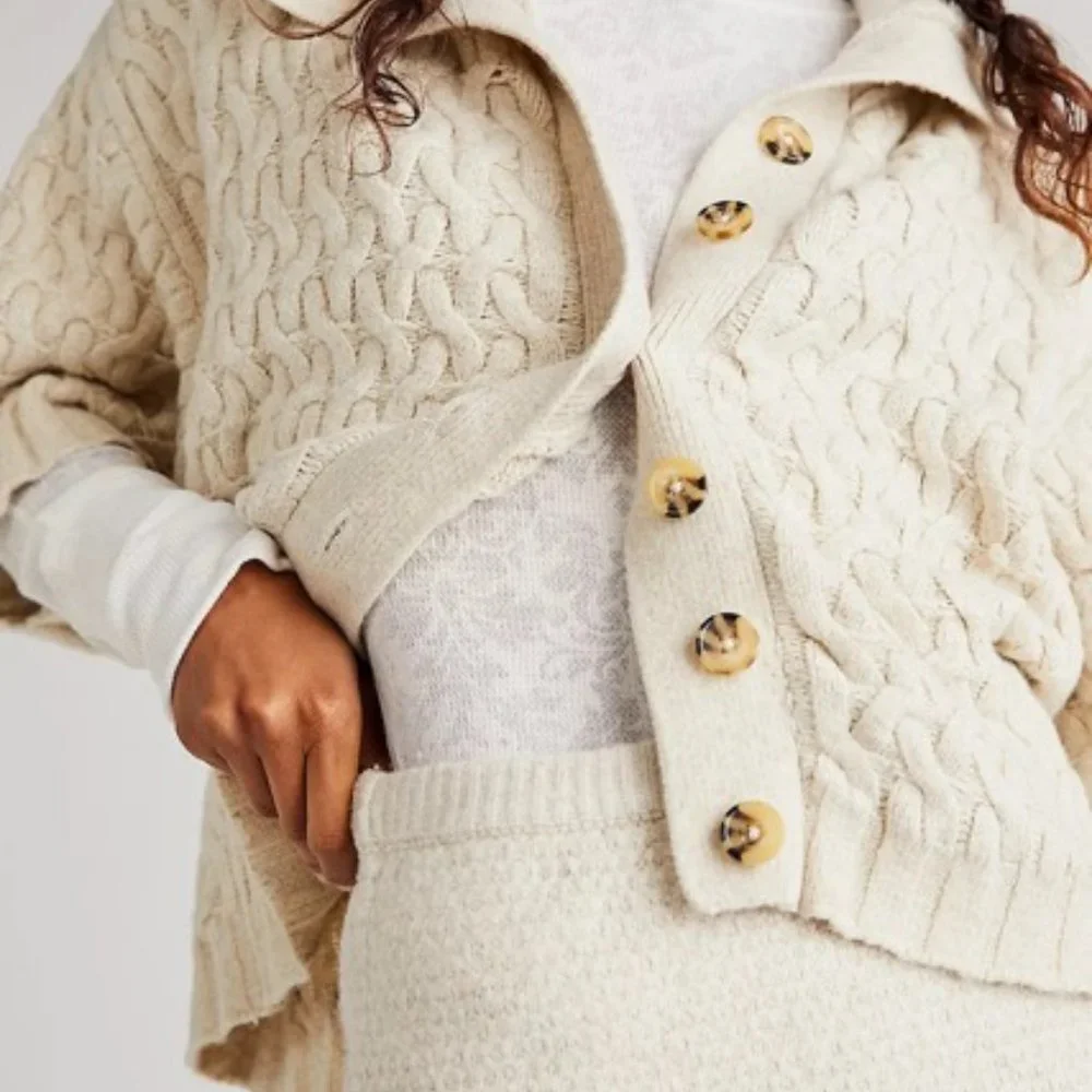 Free People Chunky Cable Knit Cowl Cardigan in Cream